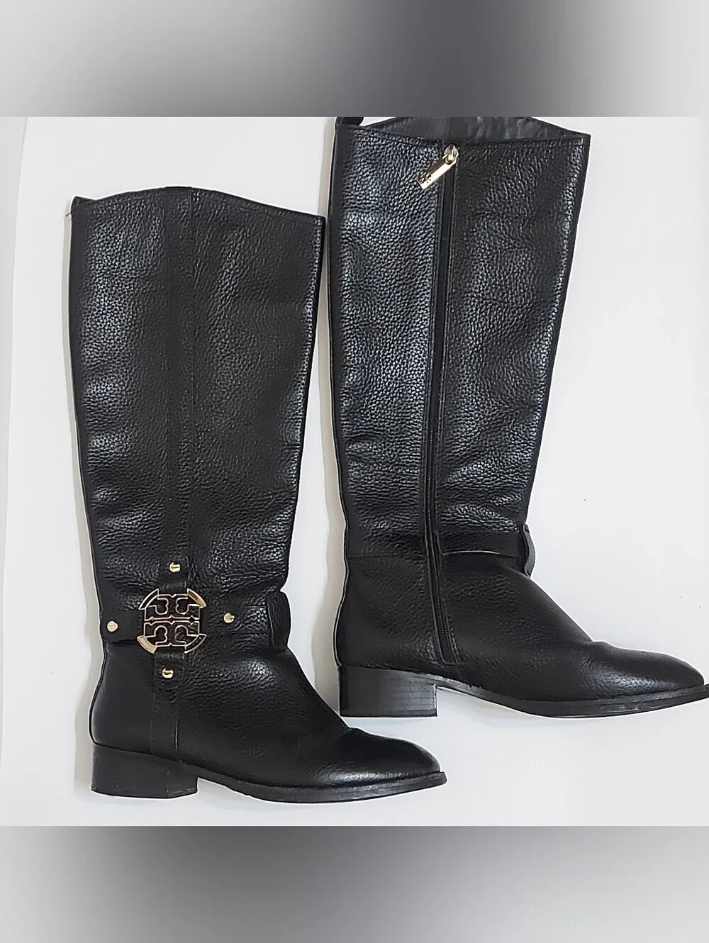 Tory Burch Black Pebbled Leather Over-the-Knee Boots with Gold Logo